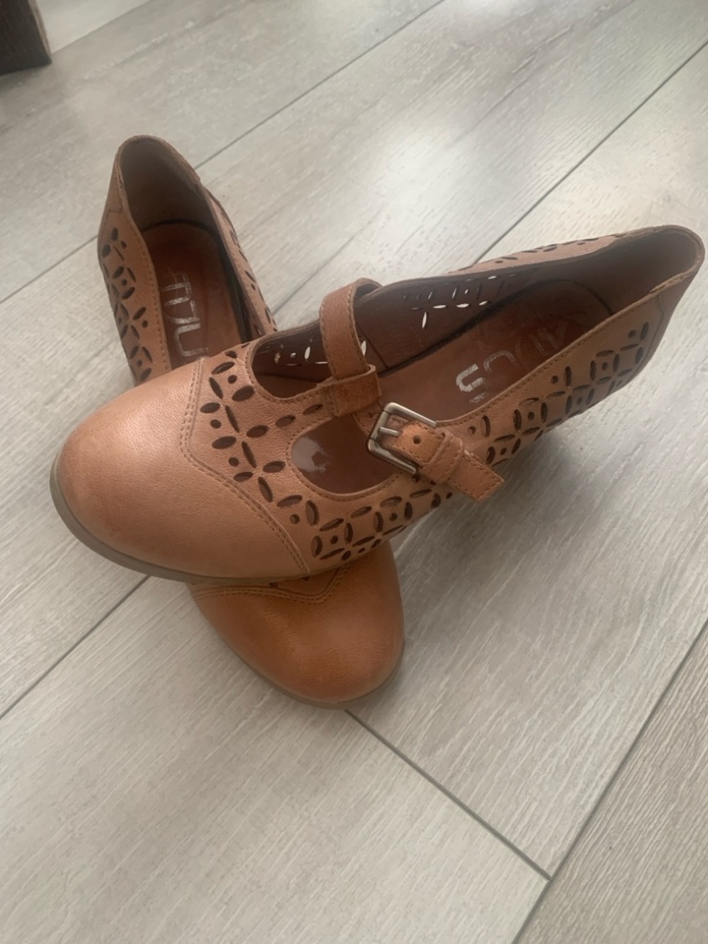 Classic Tan Mary Jane Flats with Buckle and Laser-Cut Detail